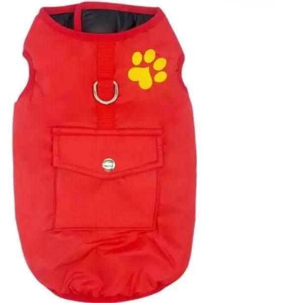 Red dog vest with yellow paw print, front pocket, and leash ring for small pets