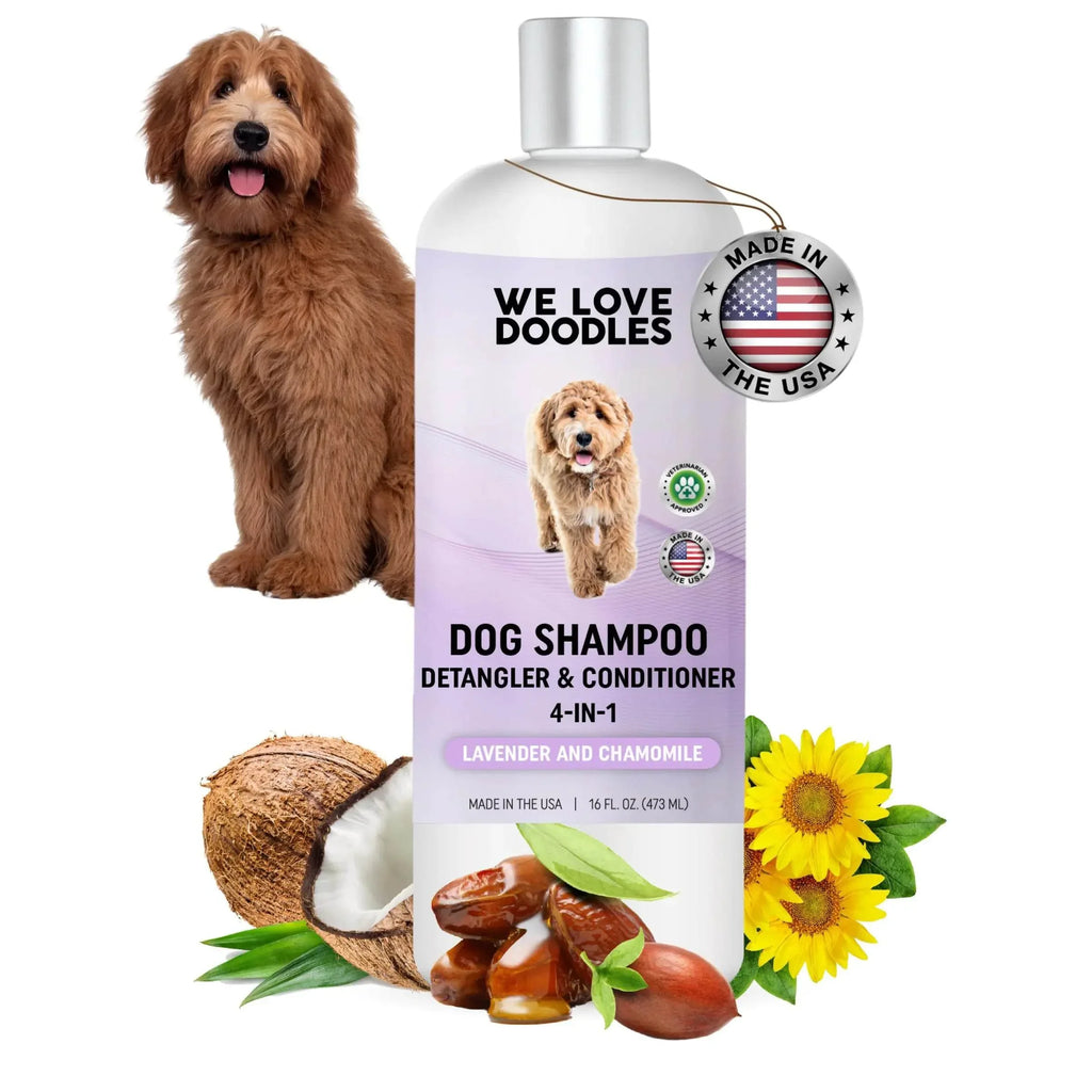 We Love Doodles dog shampoo 4-in-1 detangler & conditioner with lavender and chamomile, made in USA, for fluffy brown doodle dogs