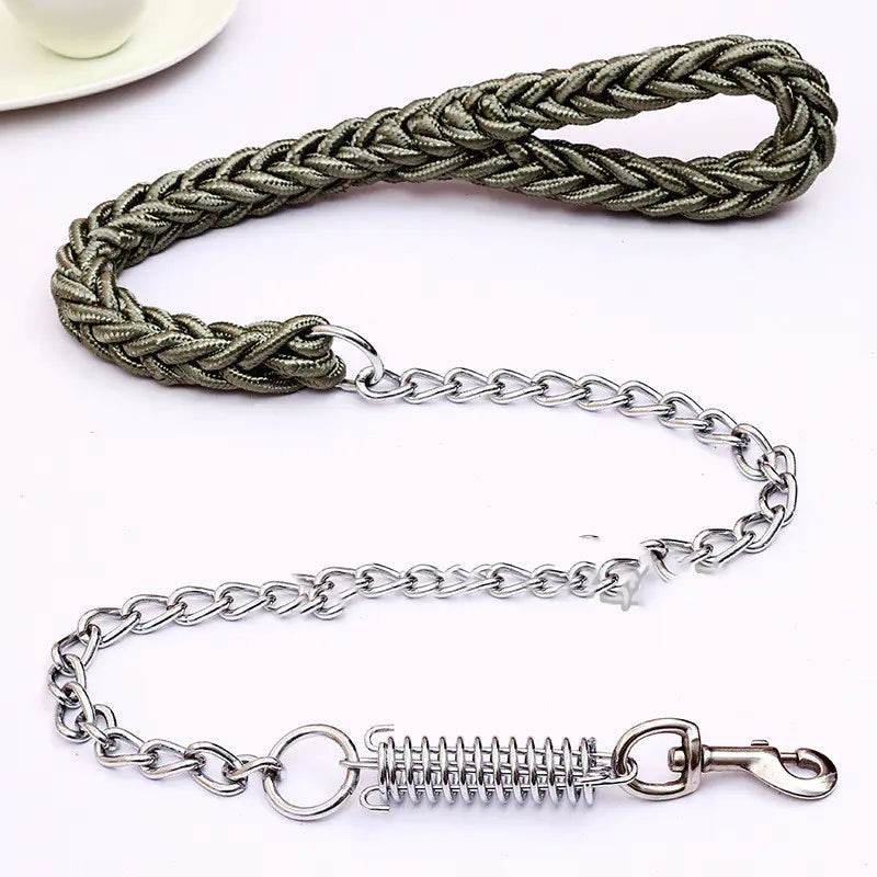 Olive braided dog leash with metal chain, spring shock absorber, and clip for safe walking