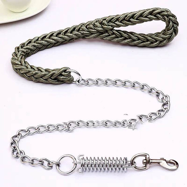 Olive braided dog leash with metal chain, spring shock absorber, and clip for safe walking