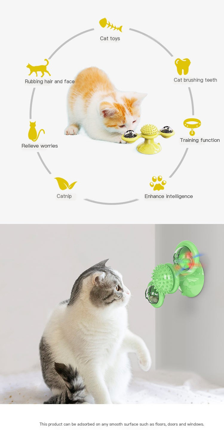 Interactive cat toy with suction cup for windows, floors, or doors ? enhances intelligence, relieves stress, and encourages play with catnip and brushing features.