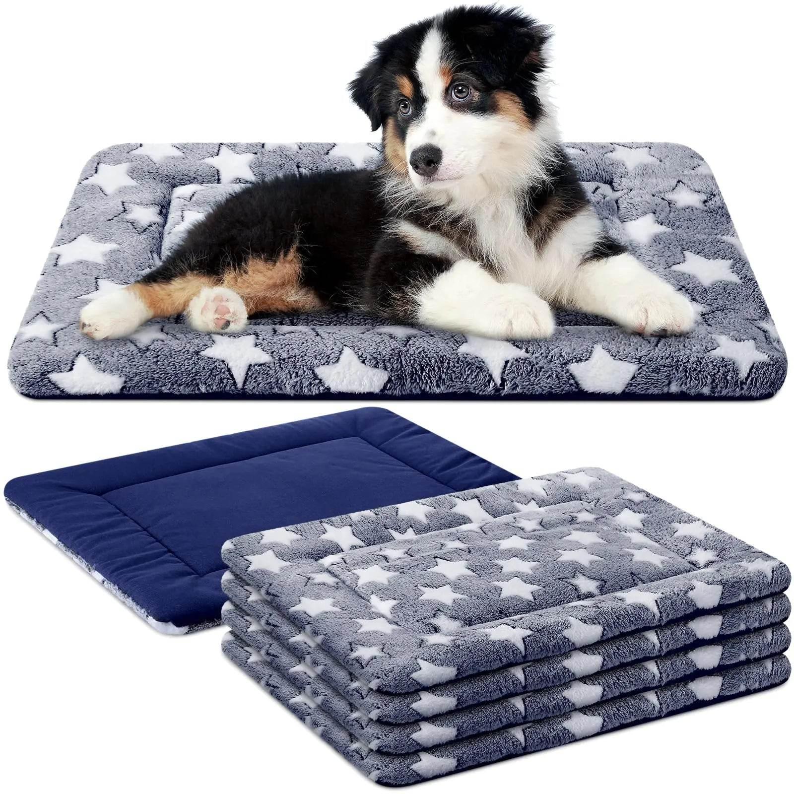 Cute puppy on gray star-patterned dog bed with navy underside, soft pet mat for dogs and cats