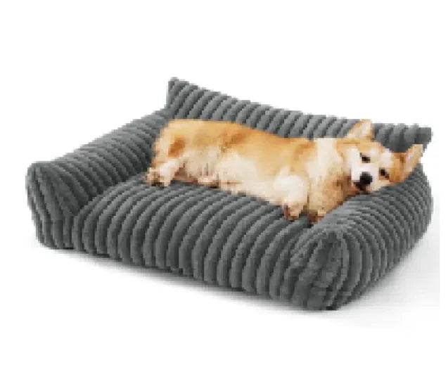 Cozy gray corduroy dog bed with corgi resting comfortably, perfect for pet comfort and sleep.