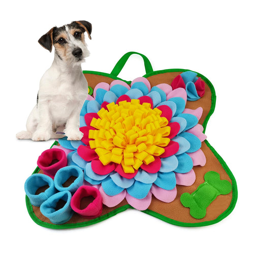 Colorful flower-shaped dog snuffle mat with treat pockets, ideal for mental stimulation and slow feeding for dogs.