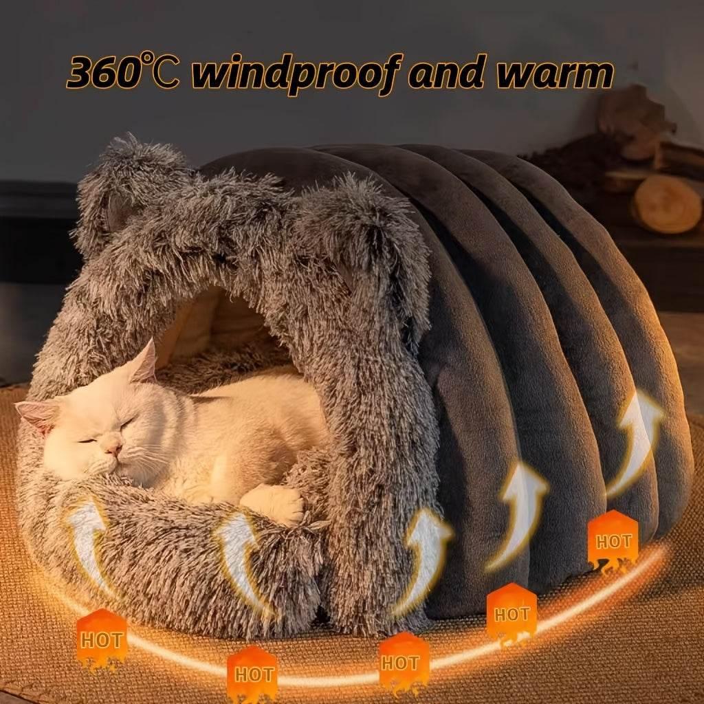 Cozy cat sleeping in windproof, warm 360? pet bed with plush fur and heat circulation design