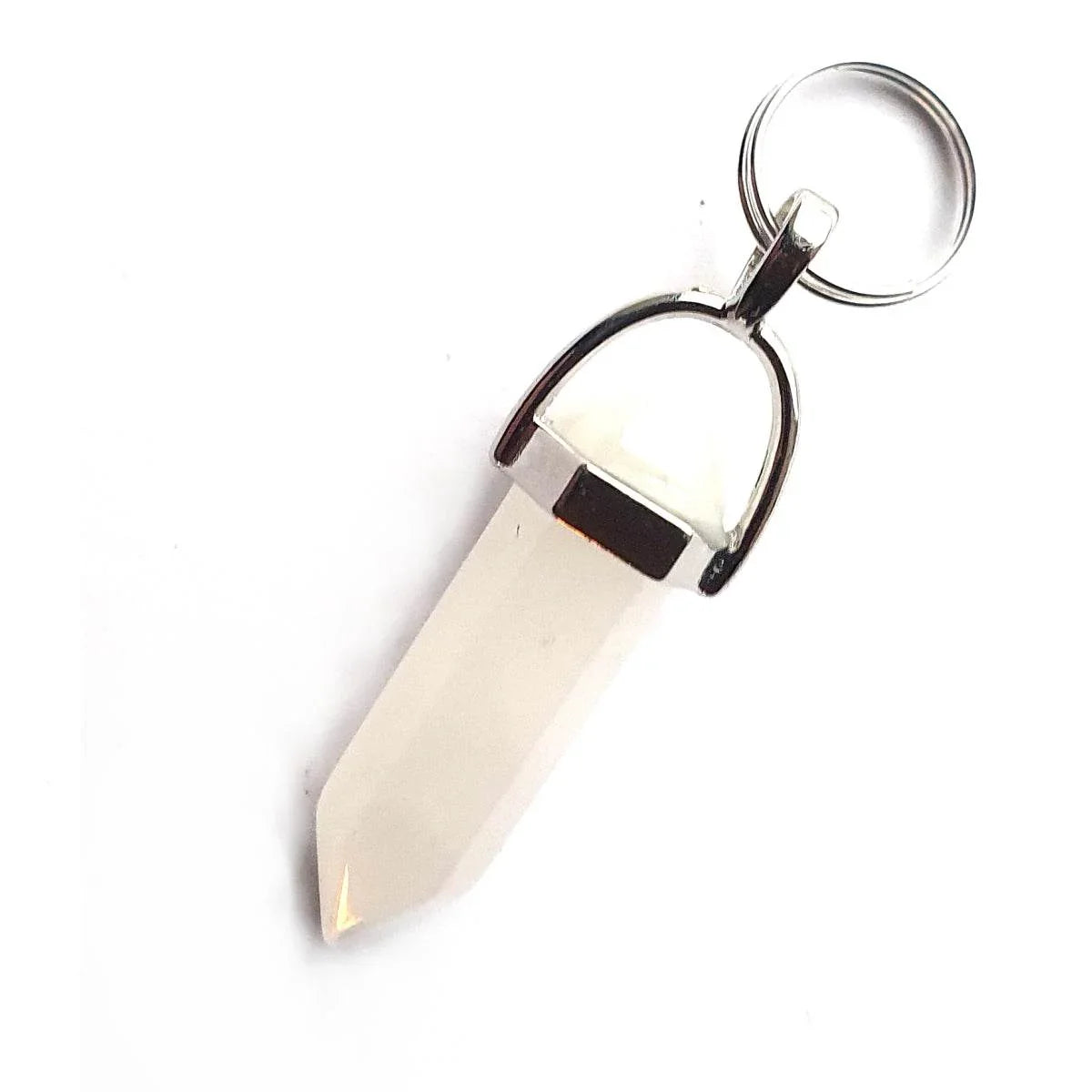 Clear quartz crystal point keychain with silver metal ring and setting, ideal for pet accessory collections
