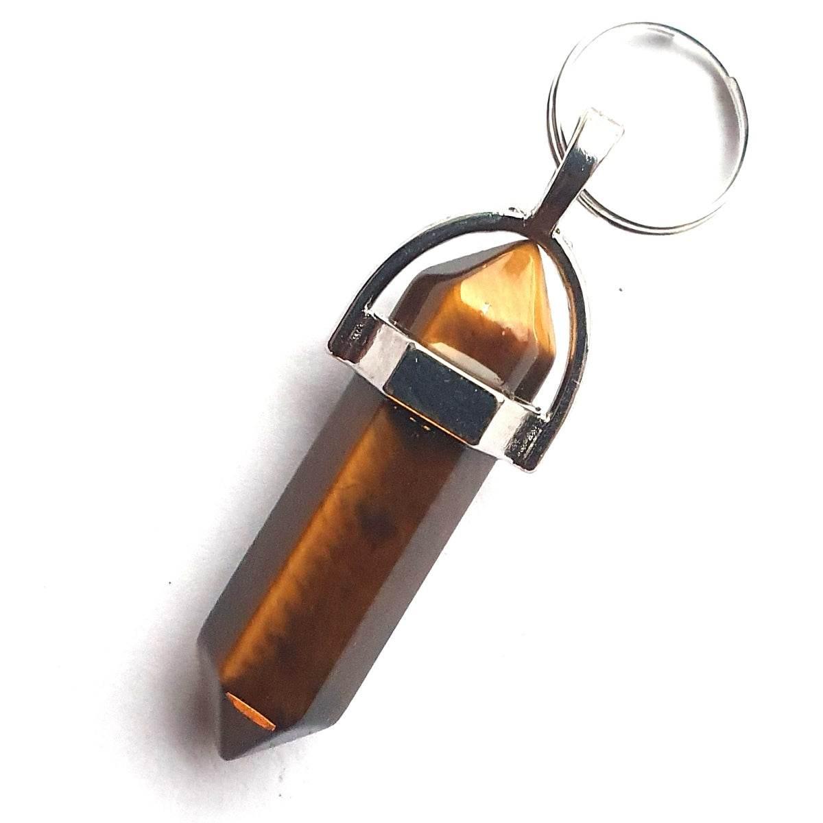 Tiger eye crystal point pendant with silver bail and keyring, natural stone jewelry accessory
