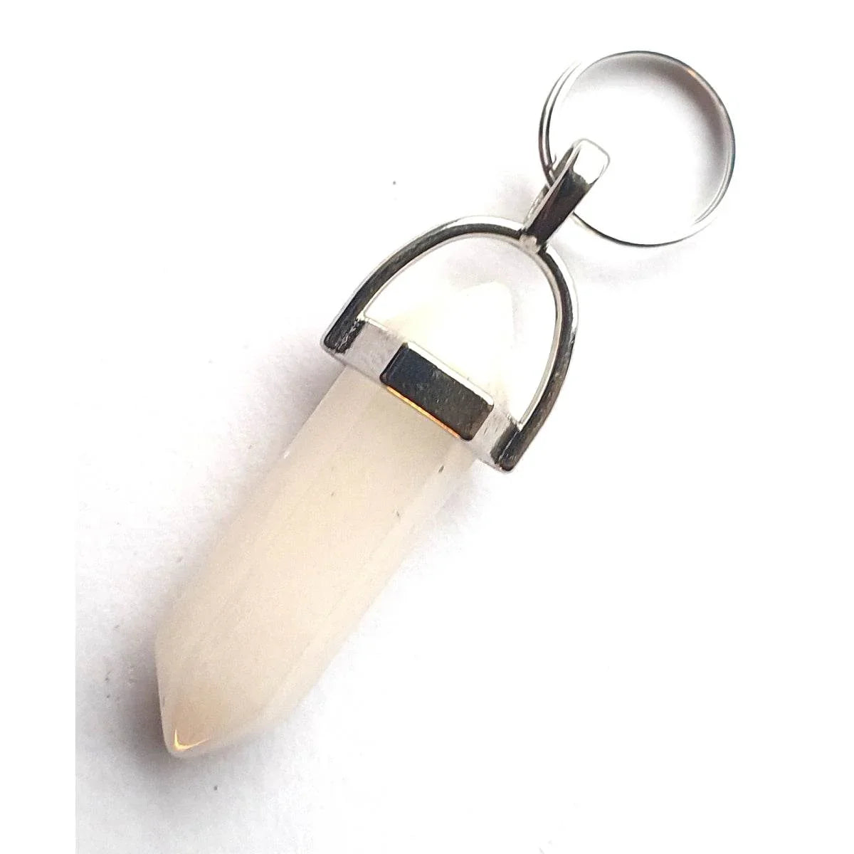 White crystal pendant with silver bail and keyring, natural stone jewelry accessory