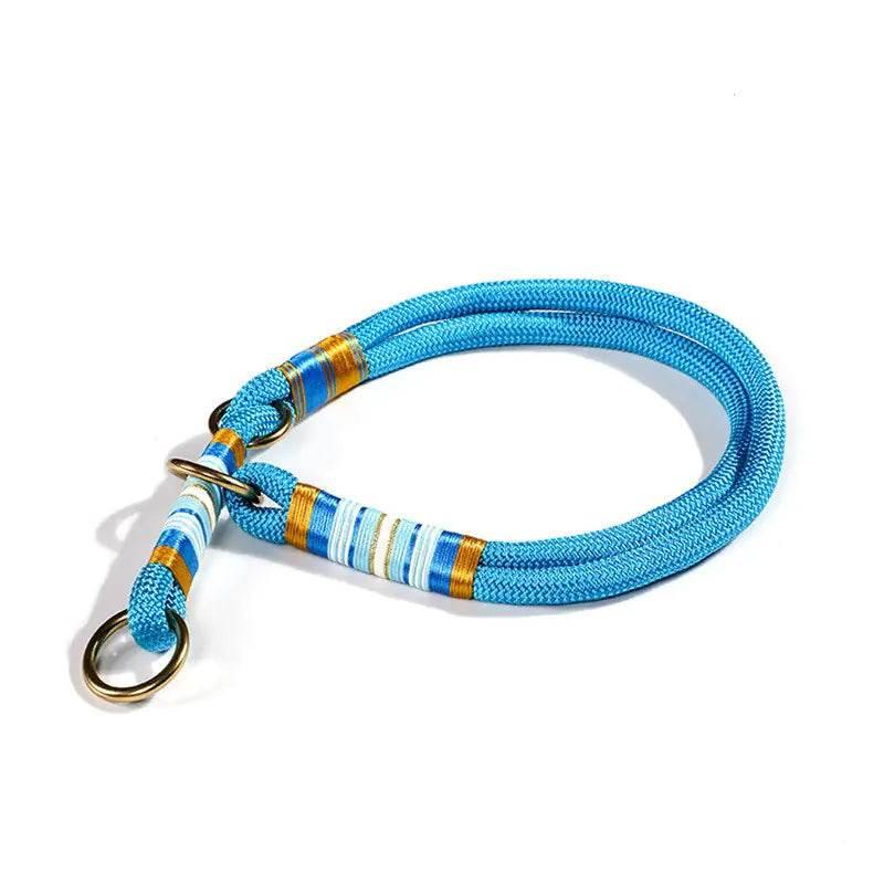 Blue braided dog leash with gold accents and striped handle, durable pet accessory for walks