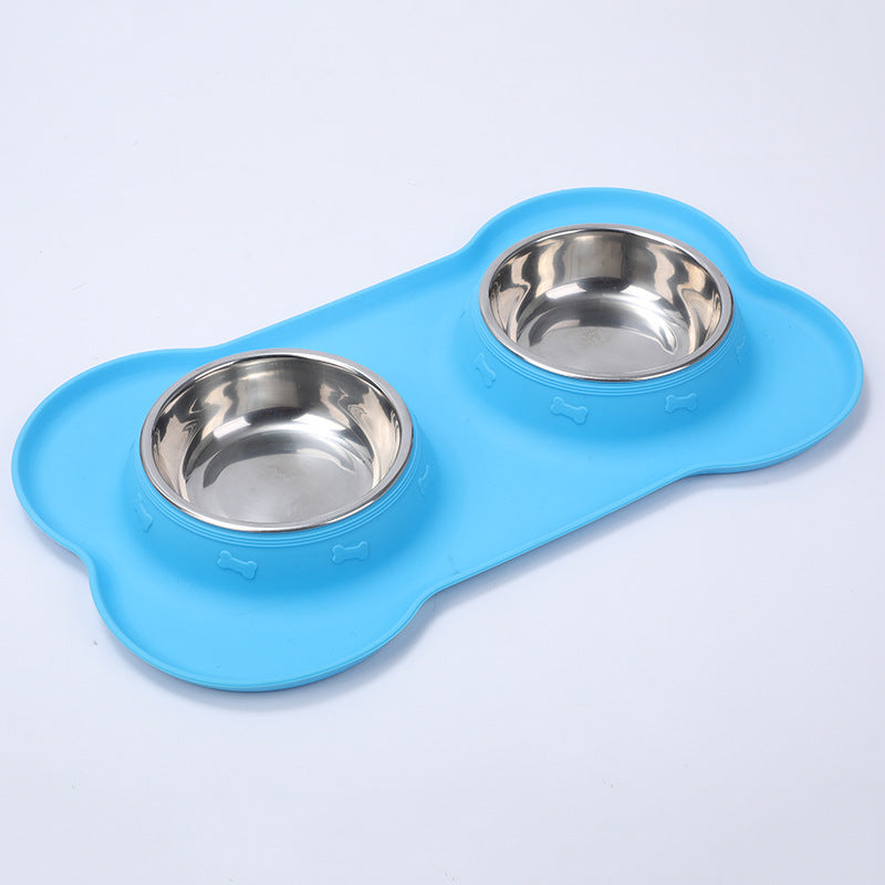 Blue silicone pet feeder with two stainless steel bowls for dog or cat food and water
