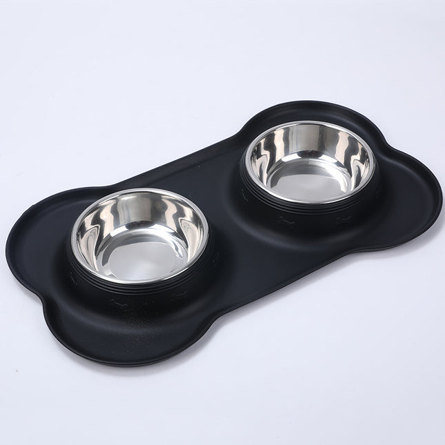 Black silicone pet feeder with two stainless steel bowls for dog or cat food and water