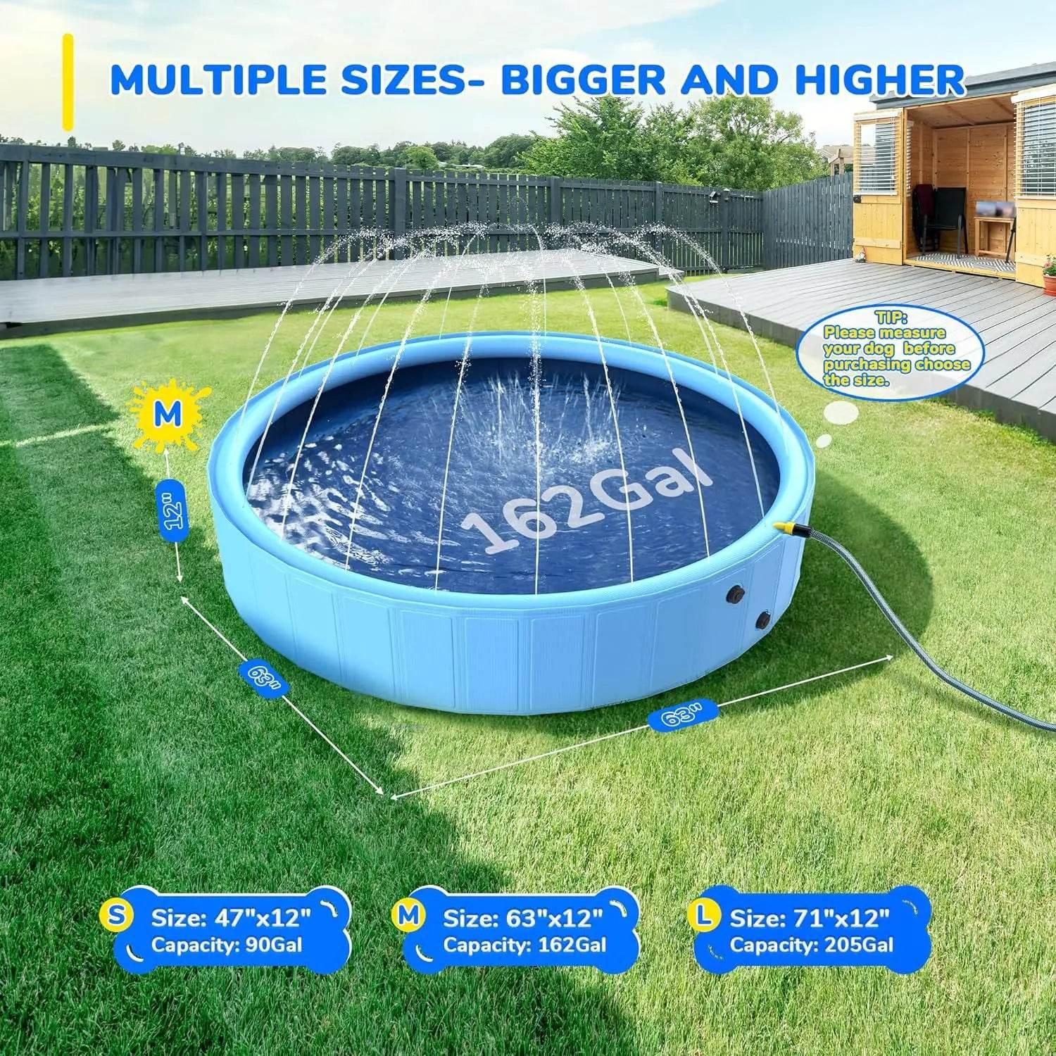 Large blue inflatable dog pool with splash jets, 63" size, 162-gallon capacity, perfect for backyard pet play