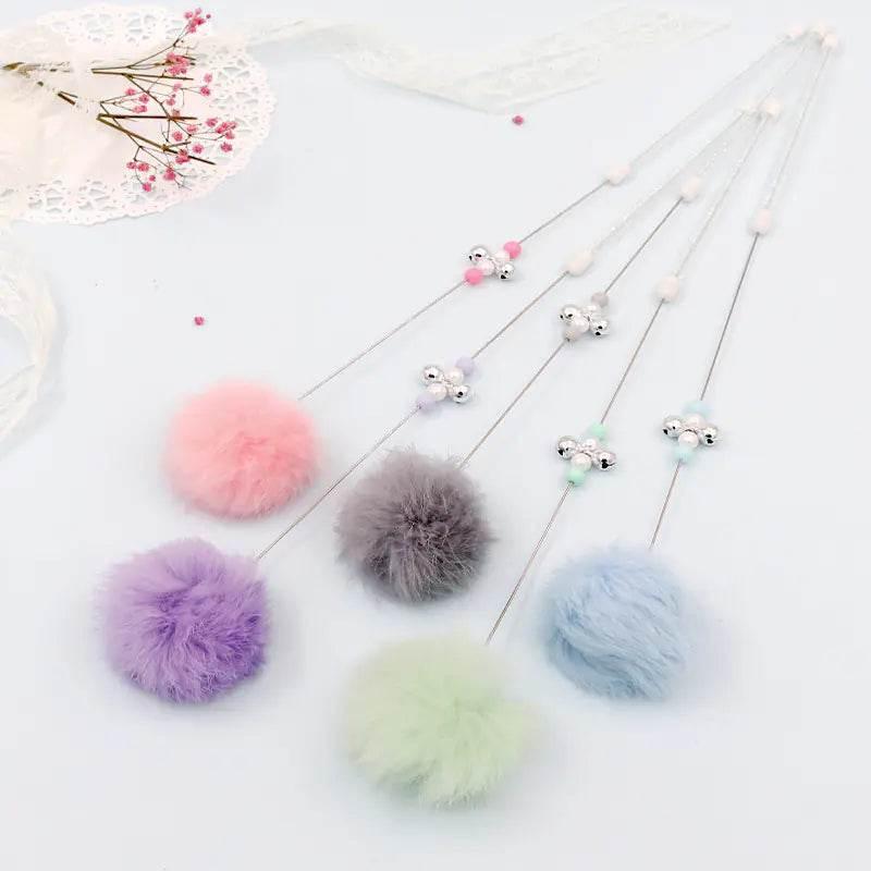 Colorful fluffy cat teaser toys with bells and beads for interactive play