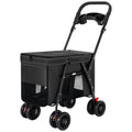 Black pet stroller with 4 wheels, mesh sides, and cup holders for dog or cat transport