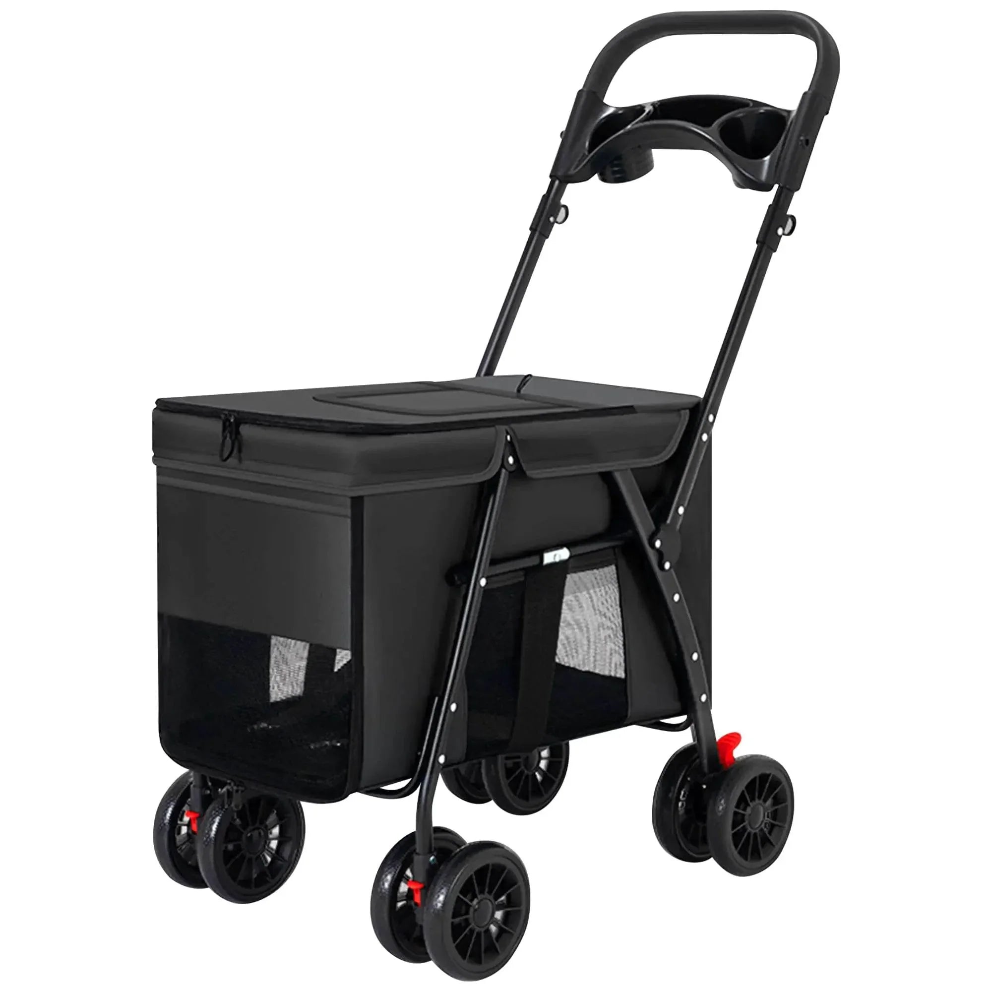 Black pet stroller with 4 wheels, mesh sides, and cup holders for dog or cat transport