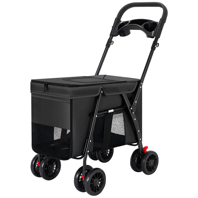 Black pet stroller with 4 wheels, mesh sides, and cup holders for dog or cat transport