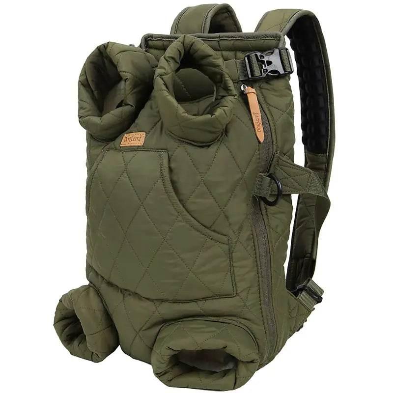 Olive green quilted pet carrier backpack with adjustable straps and side pockets for dogs or cats