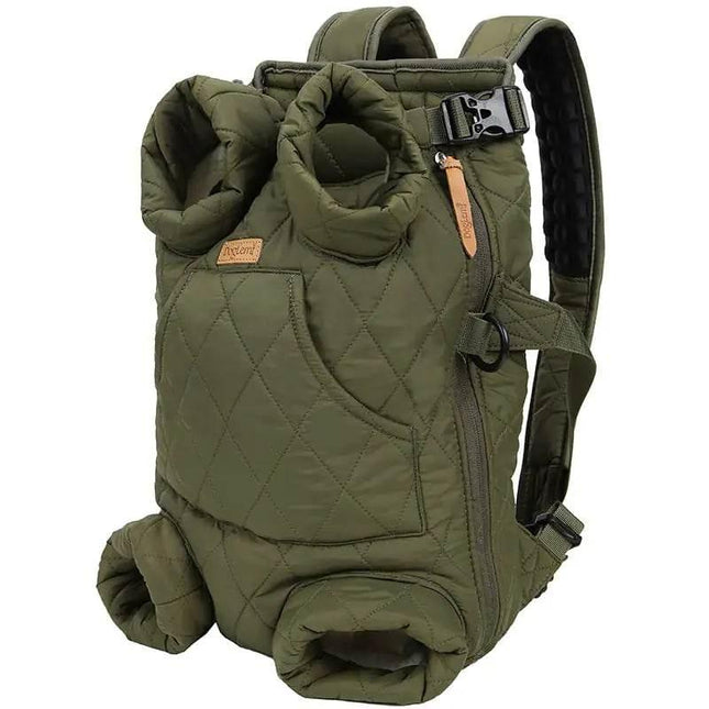 Olive green quilted pet carrier backpack with adjustable straps and side pockets for dogs or cats