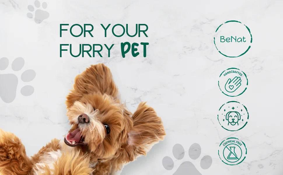 Happy brown dog with 'For Your Furry Pet' text, BeNat handcrafted chemical-free pet products