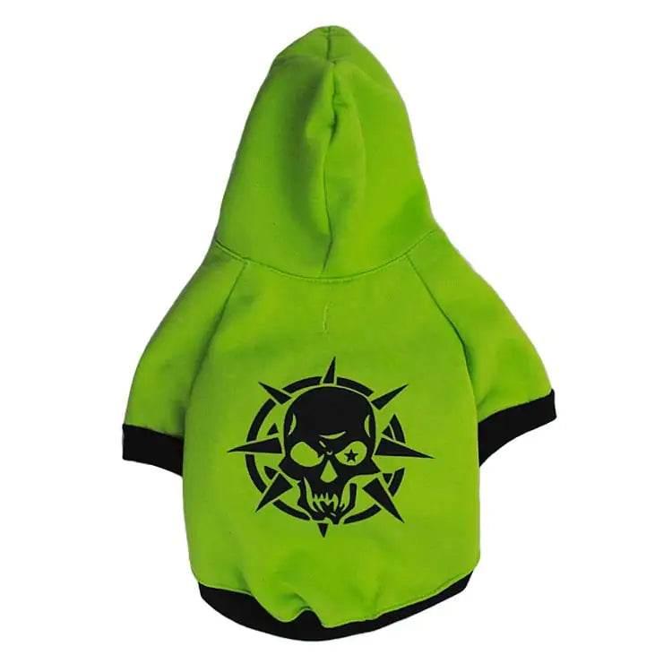 Bright green pet hoodie with black skull graphic, ideal for dogs or cats as cozy pet apparel.