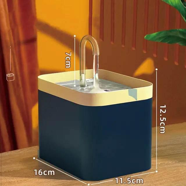 Automatic pet water fountain with dimensions, ideal for cats and dogs, featuring clean drinking flow.