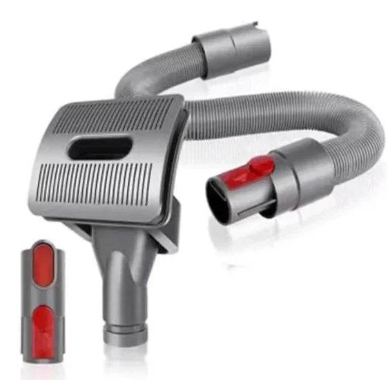Gray pet hair vacuum attachment with red buttons, flexible hose for dog cat grooming