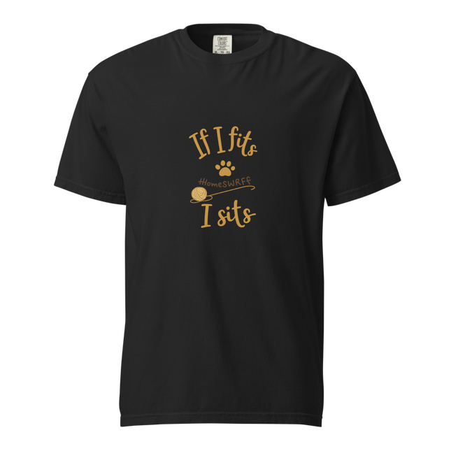 Black cat lover t-shirt with 'If I fits I sits' slogan, paw print, and yarn ball design