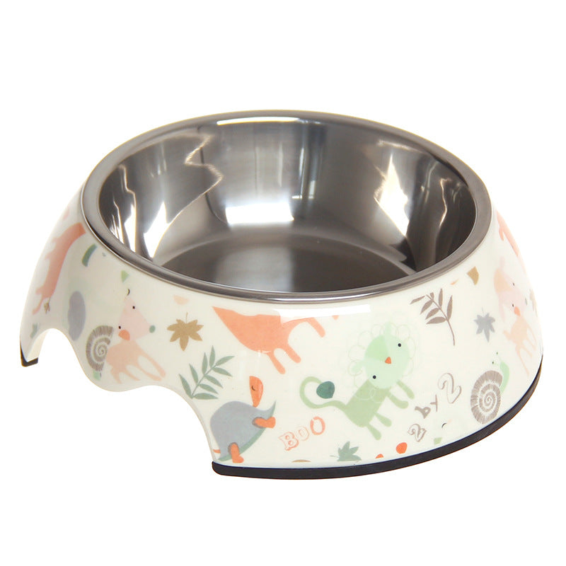 Cute pet bowl with colorful animal print, stainless steel interior, non-slip base for dogs and cats
