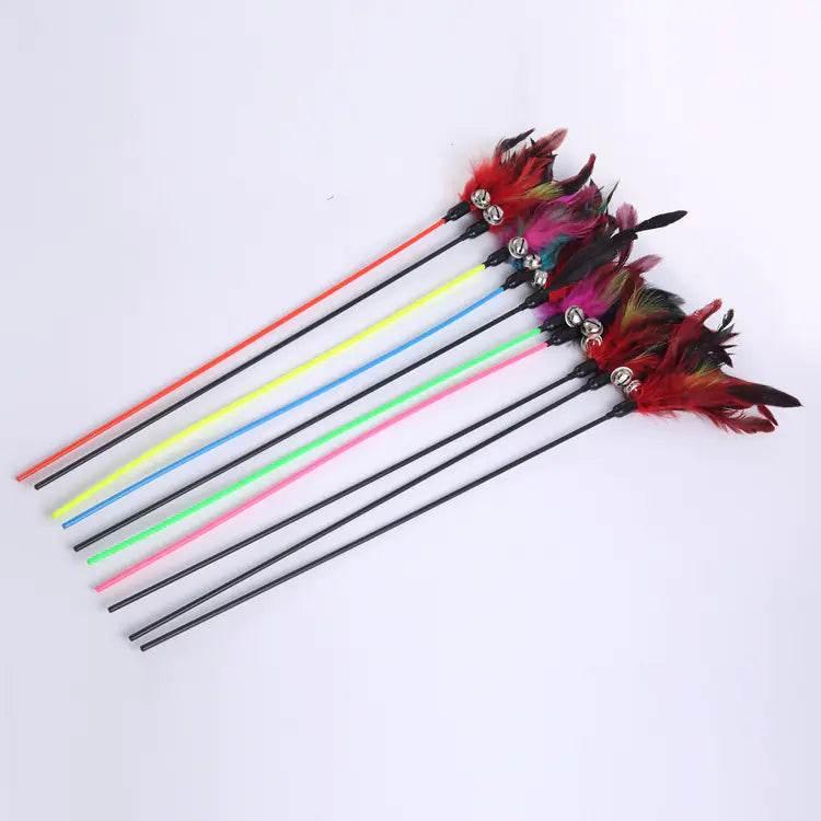 Colorful cat feather wands with bells for interactive pet play and exercise