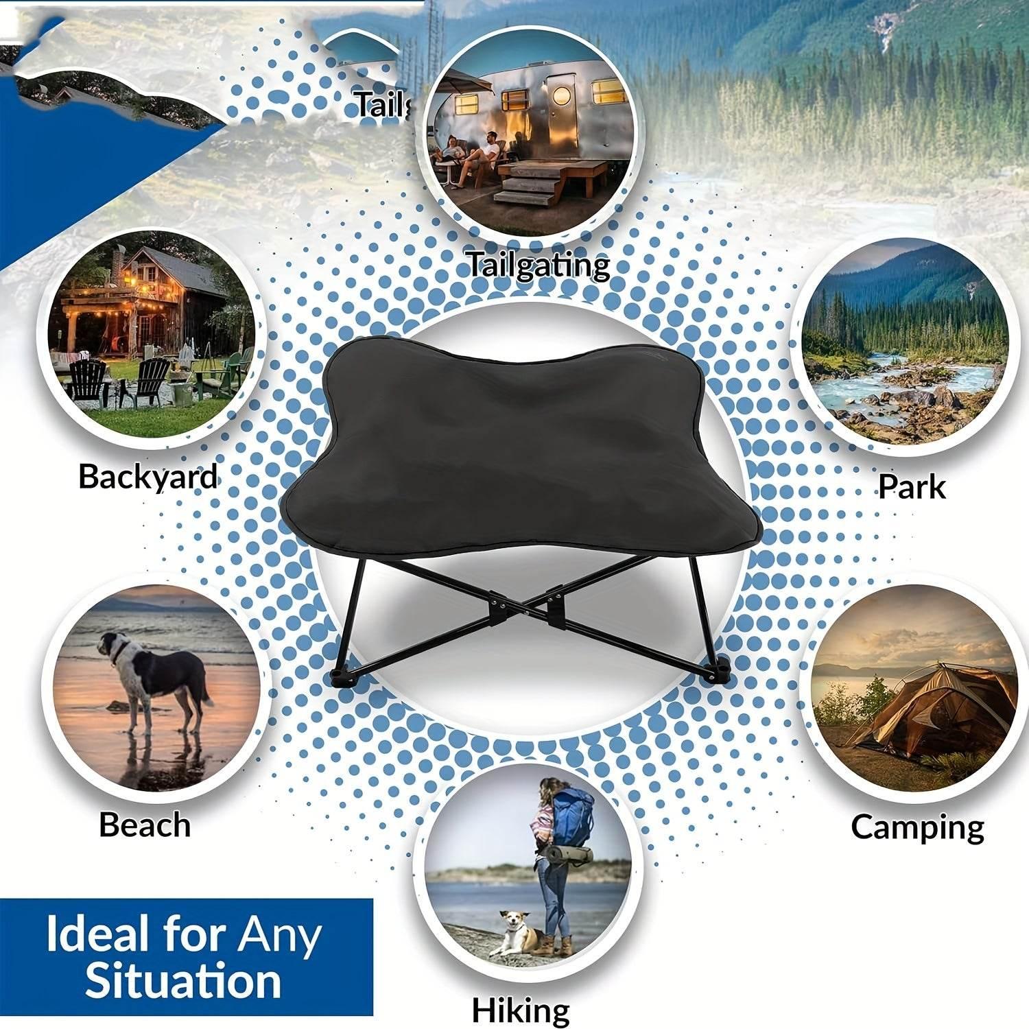 Portable black folding pet chair for camping, hiking, beach, park, backyard, or tailgating adventures