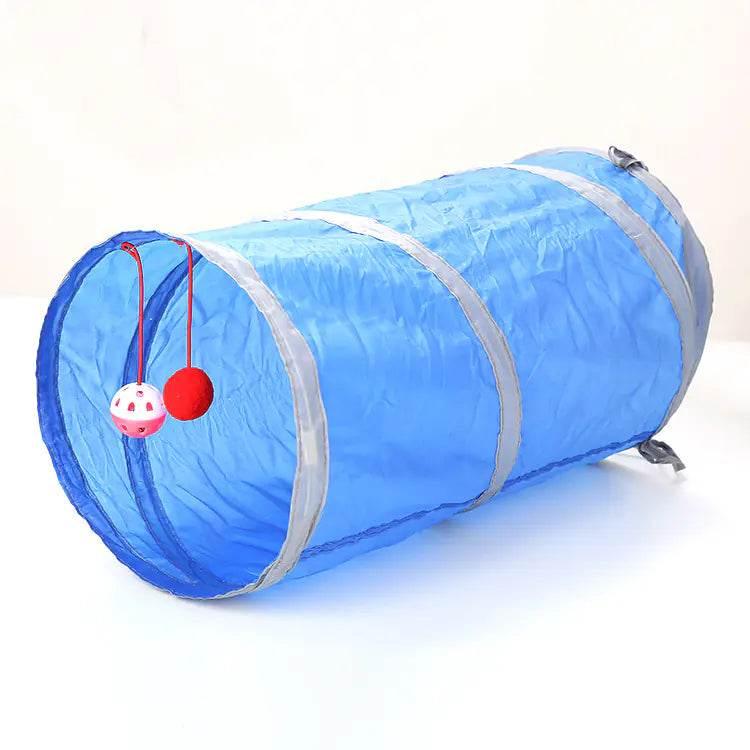 Blue cat tunnel toy with hanging red and pink balls for interactive pet play and exercise