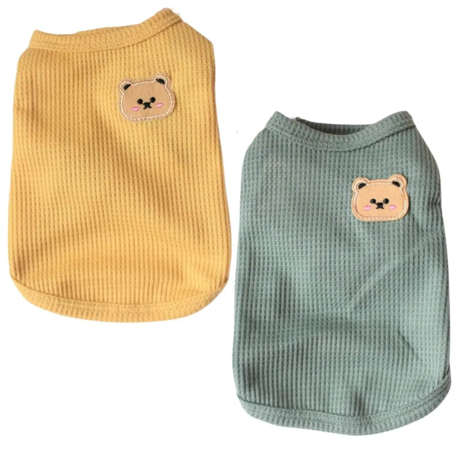 Cute ribbed pet vests with bear face patch, yellow and green dog or cat shirts for small pets