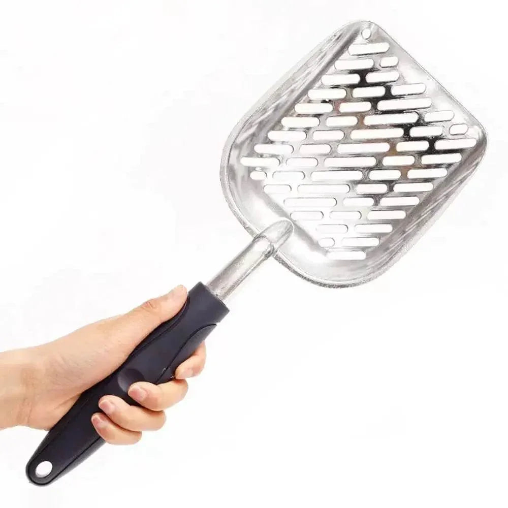 Stainless steel cat litter scoop with ergonomic black handle for easy cleaning and pet care