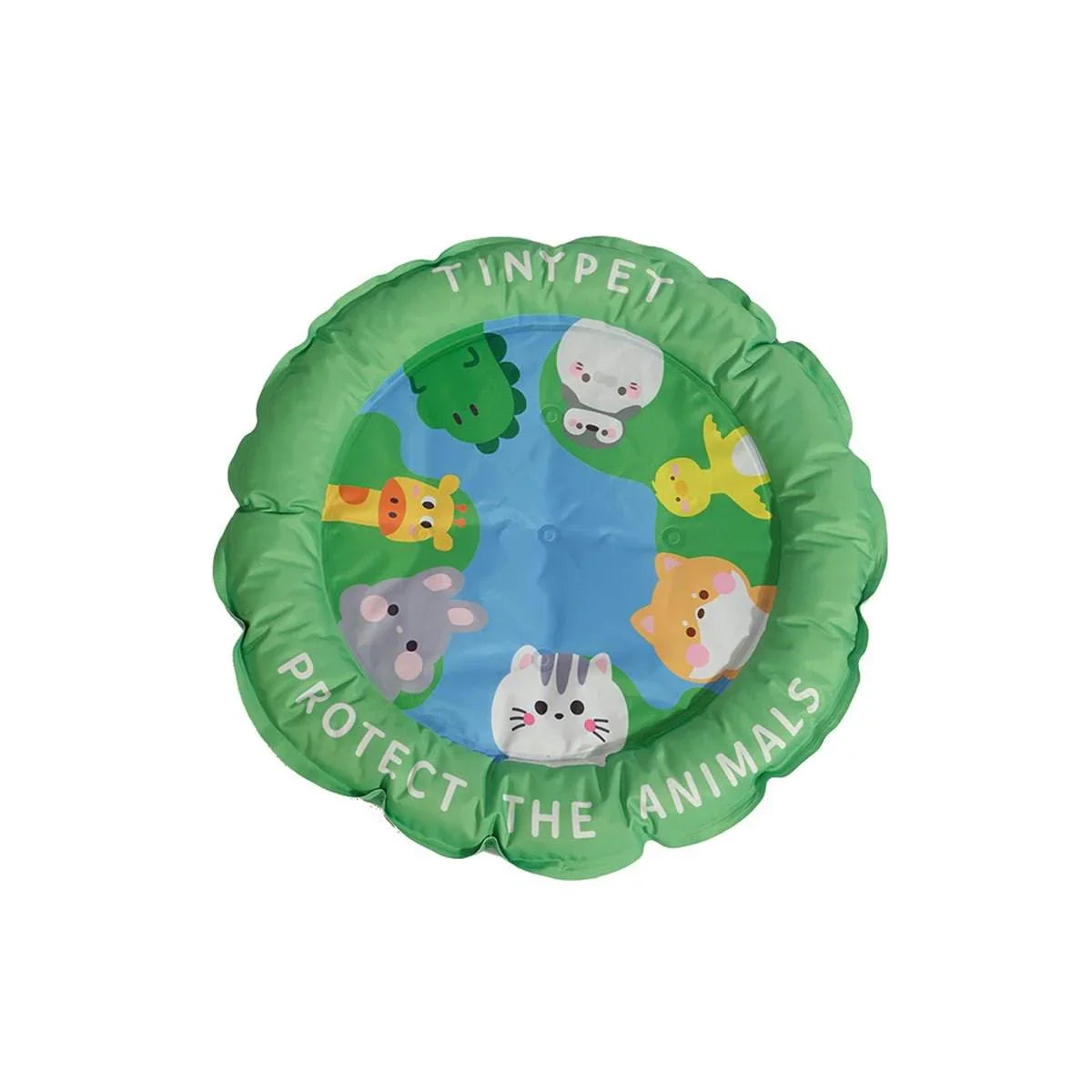 Inflatable pet pool with cute animal print, 'TINYPET Protect The Animals' text, ideal for dog and cat playtime.