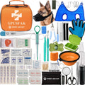 Comprehensive pet first aid kit with dog muzzle, grooming tools, bandages, thermometer, and emergency supplies for dogs and cats