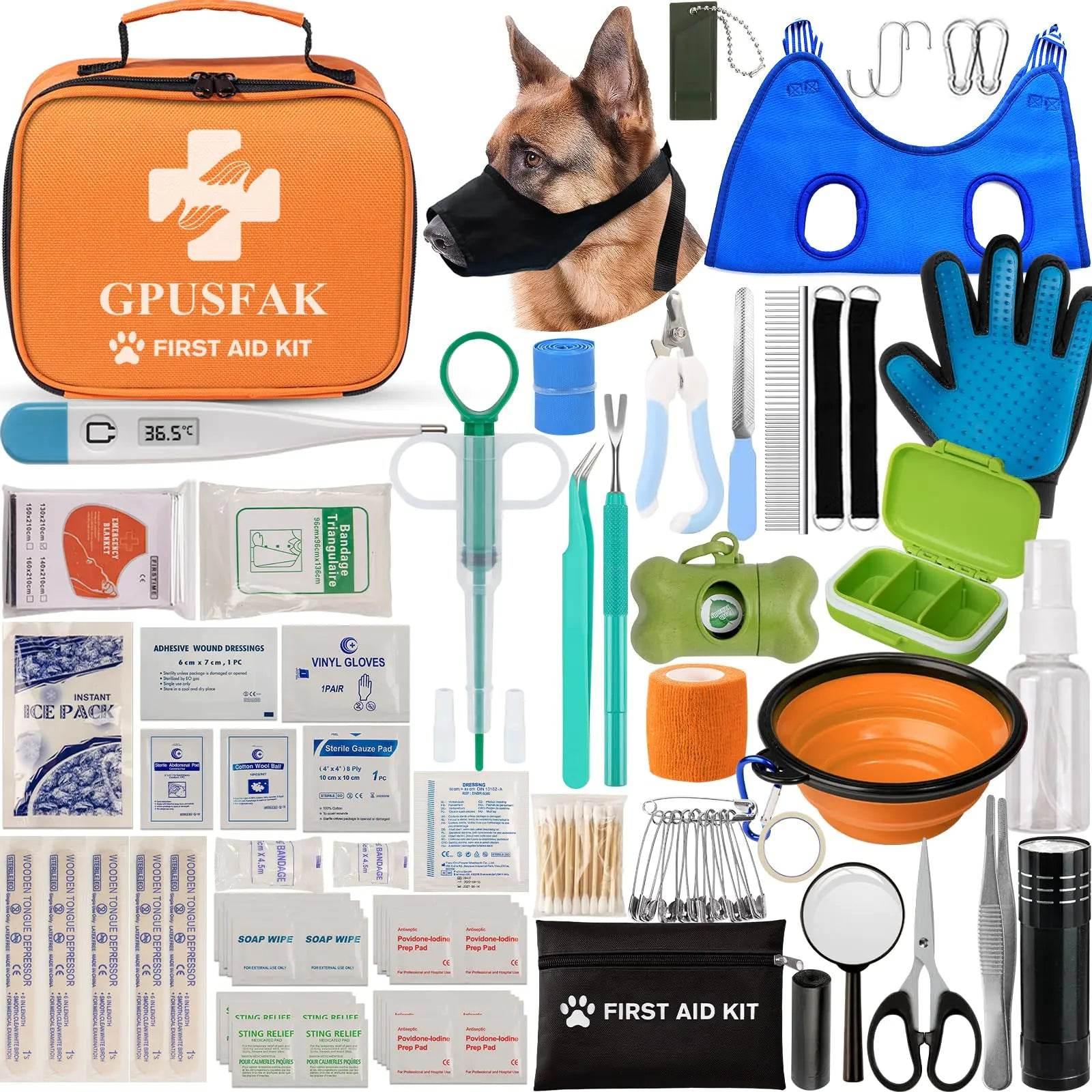 Comprehensive pet first aid kit with dog muzzle, grooming tools, bandages, thermometer, and emergency supplies for dogs and cats