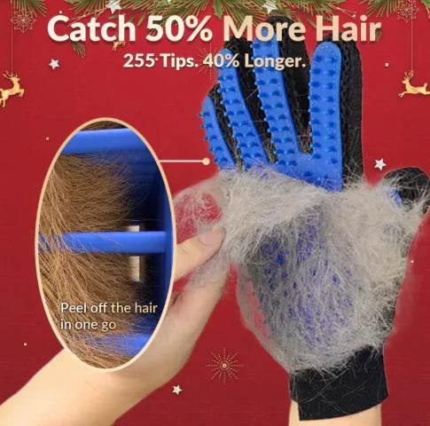 Blue pet grooming glove removing loose fur, 255 tips for dogs and cats, holiday gift