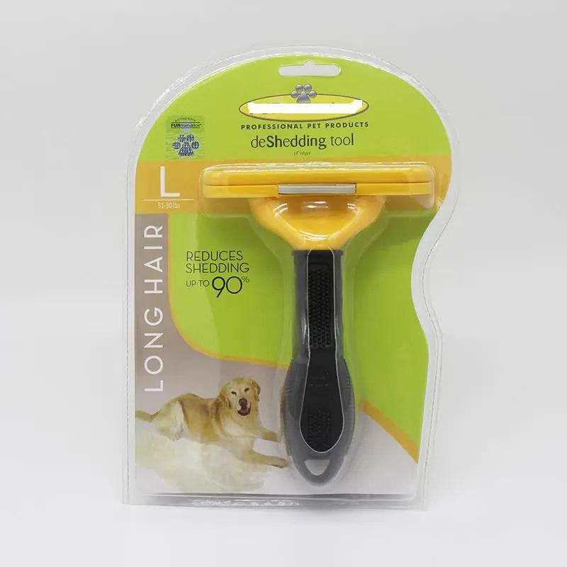 Yellow deShedding tool for long-haired dogs, reduces shedding up to 90%, pet grooming essential