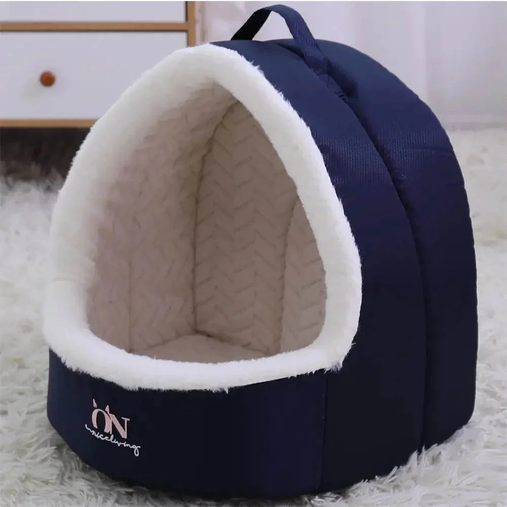 Cozy navy blue pet cave bed with soft white fleece lining, perfect for dogs and cats