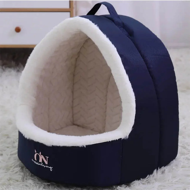 Cozy navy blue pet cave bed with soft white fleece lining, perfect for dogs and cats