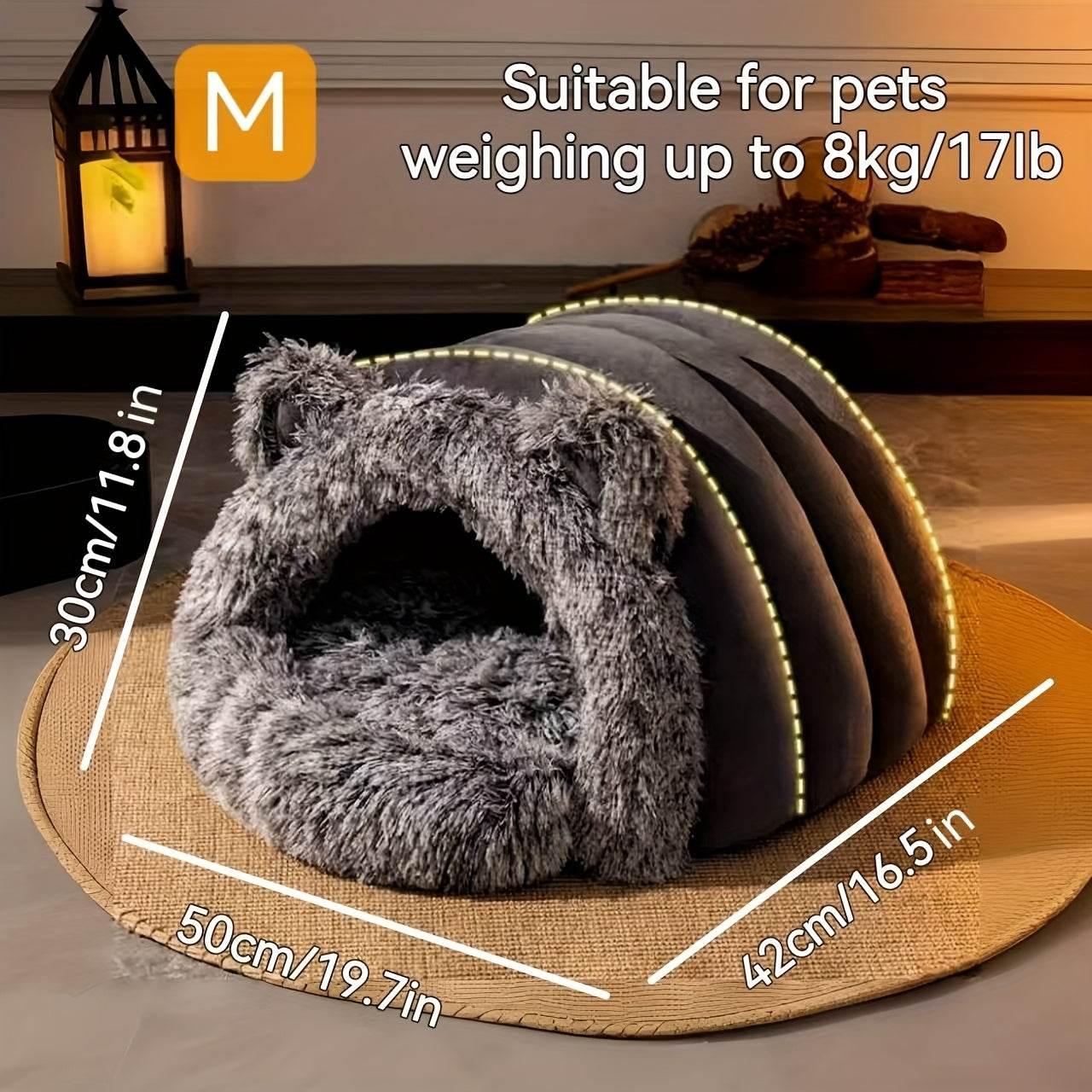 Cozy gray plush pet cave bed with dimensions, suitable for pets up to 8kg, ideal for dogs and cats