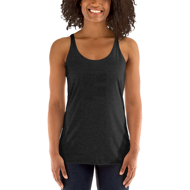Woman wearing black tank top with 'Life isn't perfect but my dog mom style can be' text, pet lover apparel