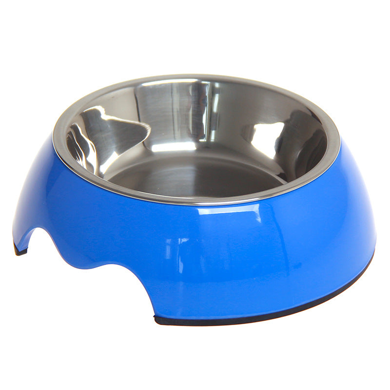 Blue pet bowl with stainless steel interior for dogs and cats