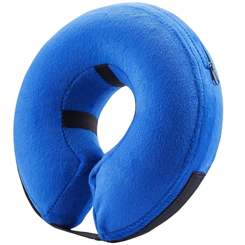 Blue plush pet recovery cone with zipper and straps for dog or cat care