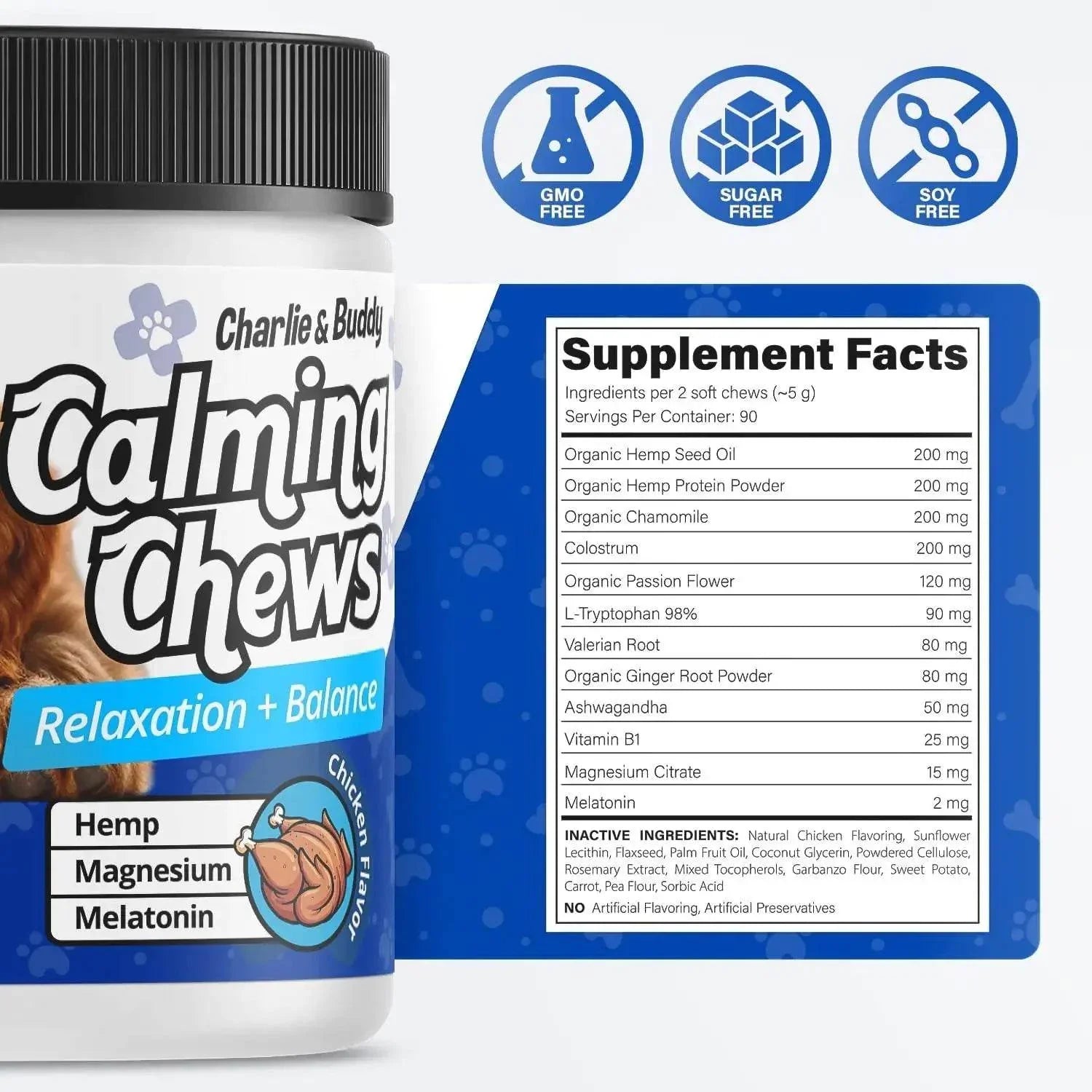 Charlie & Buddy Calming Chews for dogs with hemp, magnesium, melatonin ? GMO, sugar, soy free, chicken flavor