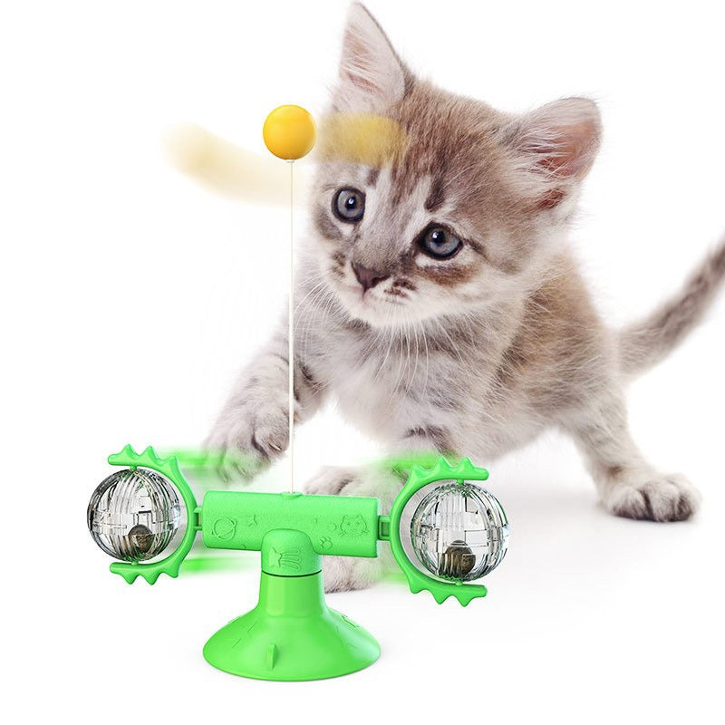 Adorable gray kitten playing with green interactive cat toy featuring spinning balls and dangling yellow ball.