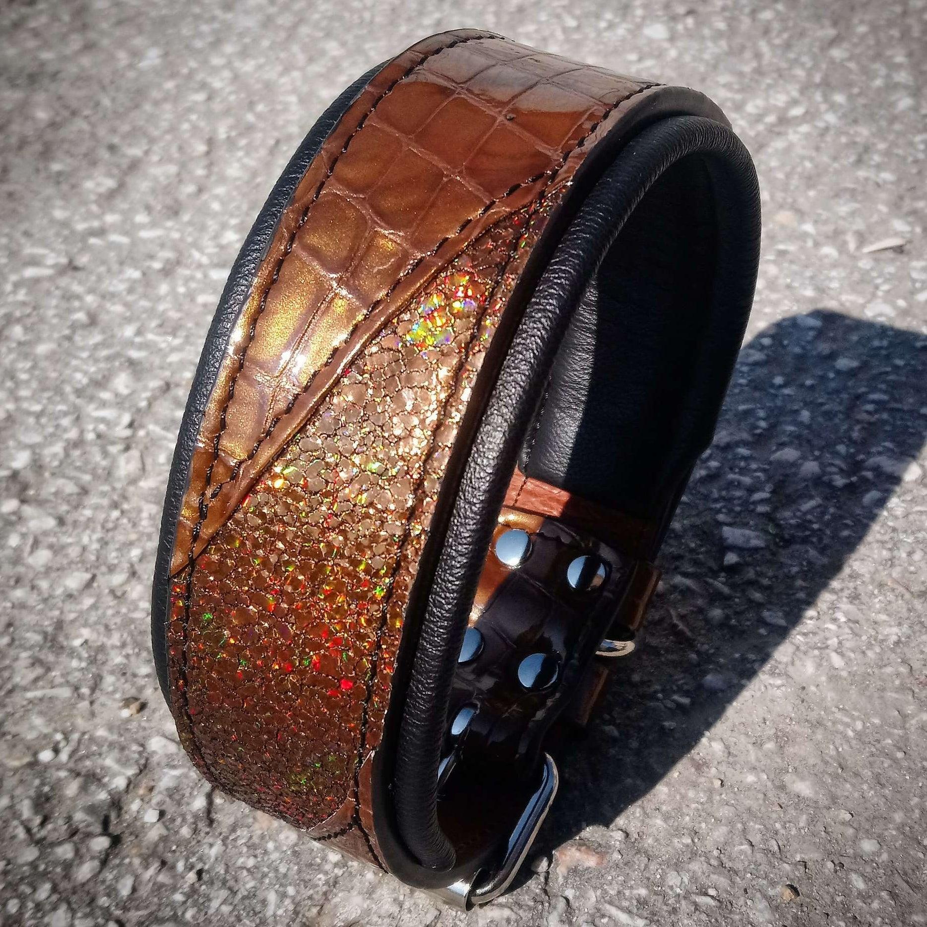 Luxury brown croc-texture dog collar with holographic glitter, black padding, and metal hardware for pets