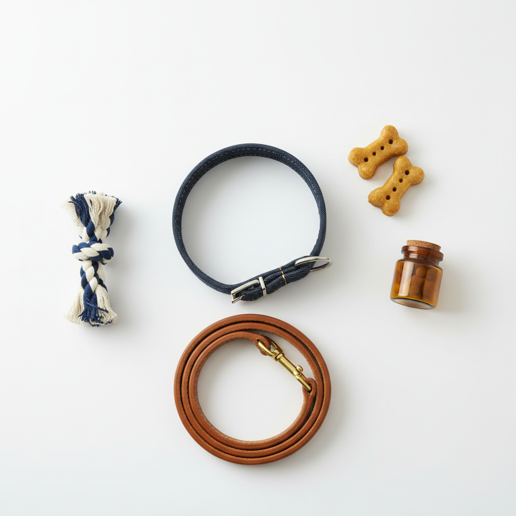 Dog collar, leash, rope toy, bone treats, and supplement jar ? premium pet supplies for dogs